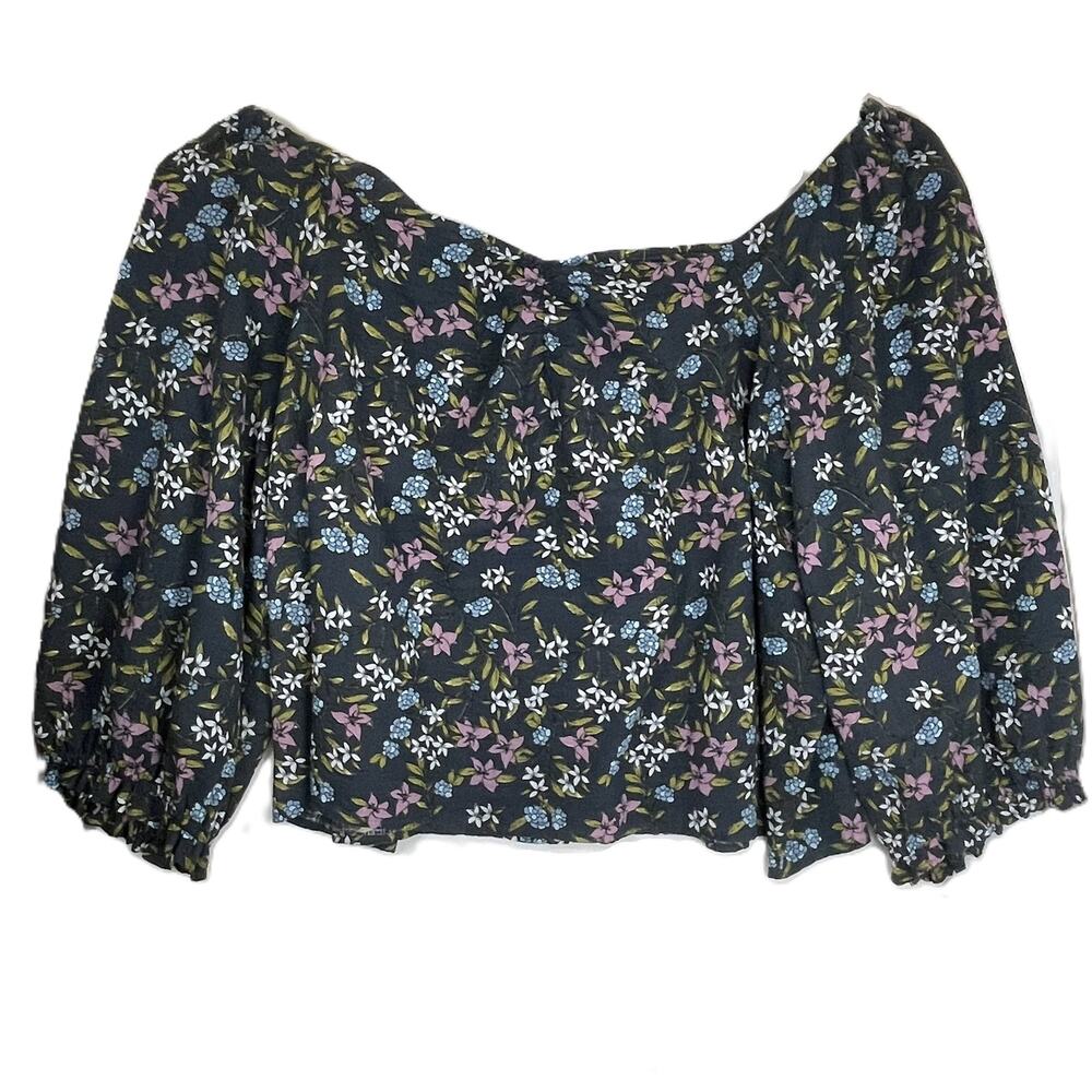 ana 4X Gray Floral Puff Sleeve Blouse Sweetheart Neck Boho‎ Cottagecore Top